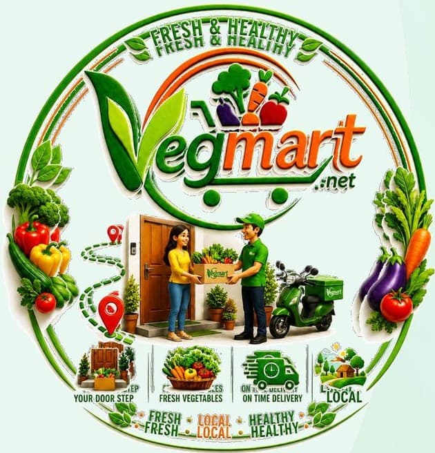 Vegmart logo: a delivery partner handing a box of fresh vegetables to a customer at her door
